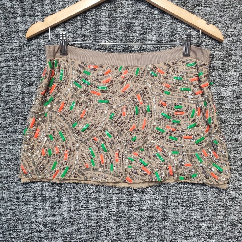 Y2K Elizabeth & James Beaded Silk Mini Skirt Womens Small Tan Runway 2010 Glam
